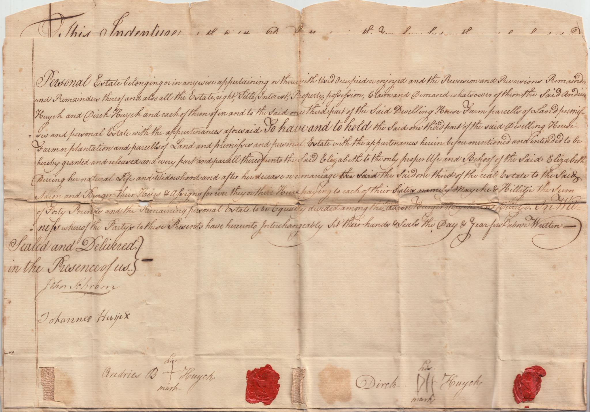 BH030, 1768-03-08 Quit Claim, Jacobus' 1/3 of Farm, by Andries B. Huyck and Dirck Huyck to Elizabeth Huyck & Sons